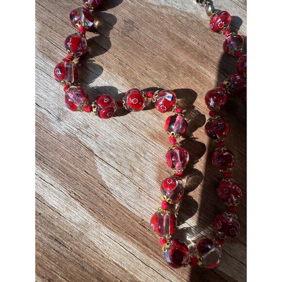 Vintage Red Murano Glass Bead Necklace With Floral Accents and Brass Spacers - Picture 4 of 6